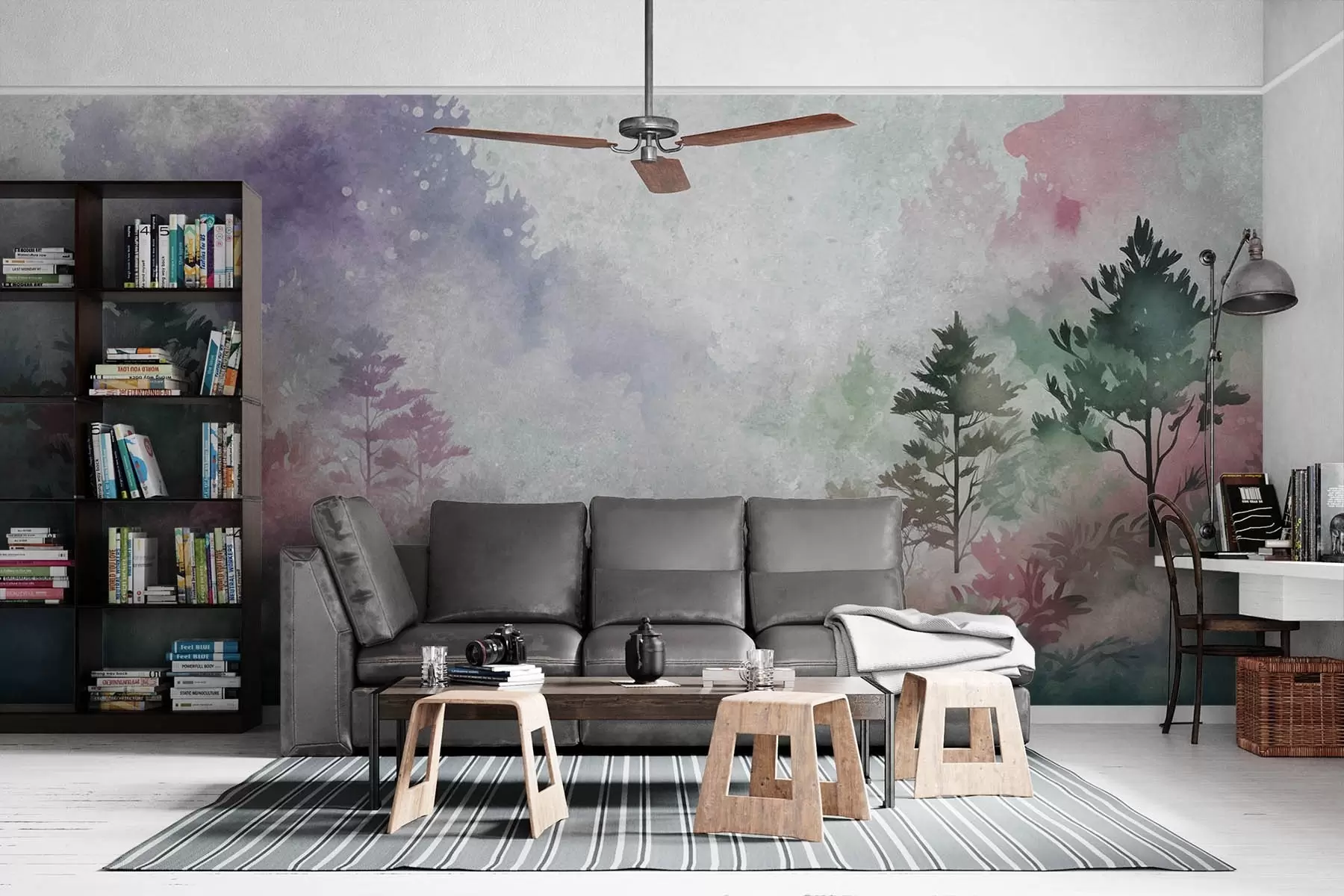 murais de parede Floresta, imitação de aquarela com respingos de rosa w08862