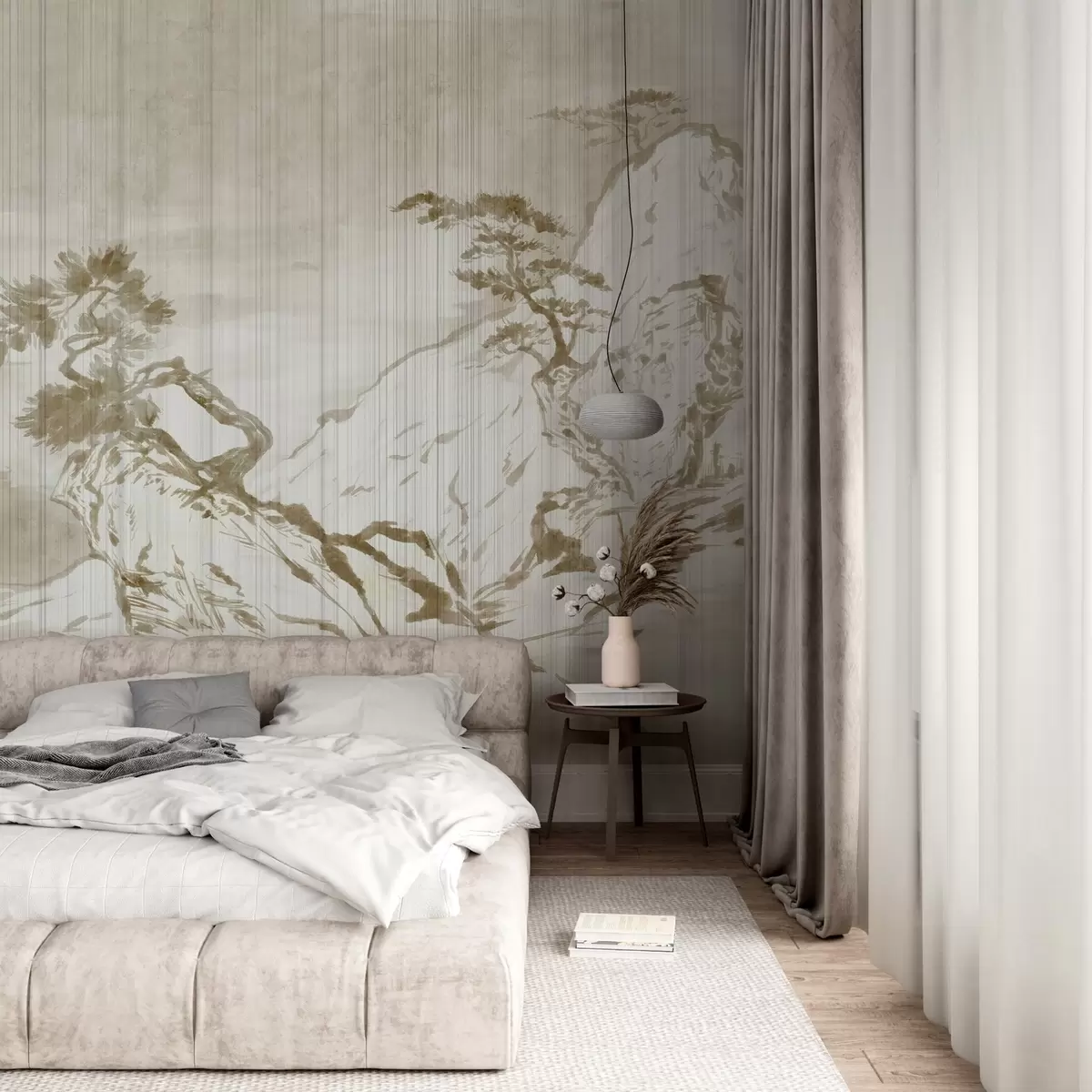 murais de parede Ilustração de paisagem monocromática tradicional chinesa com montanhas, árvores e neblina w03379