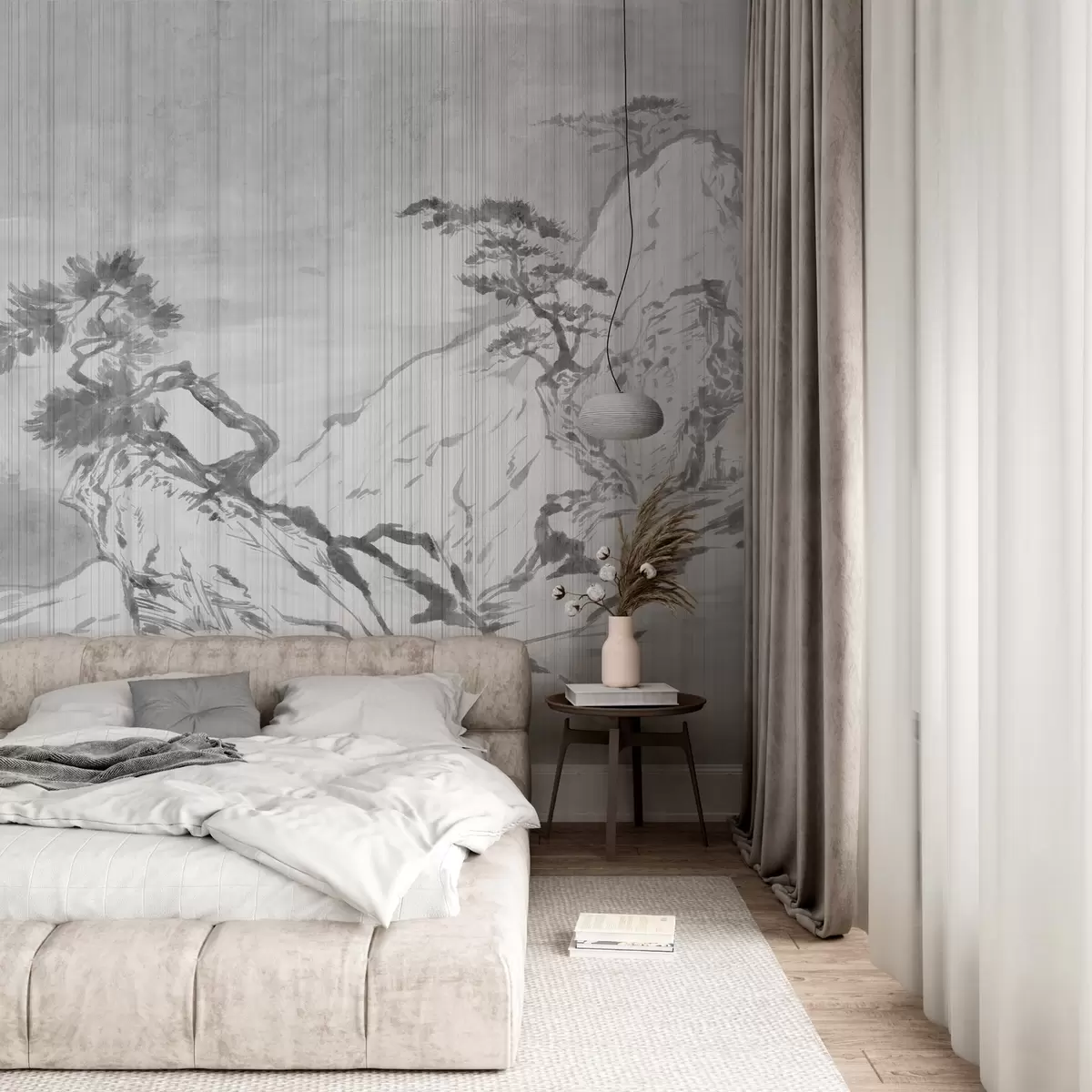 murais de parede Ilustração de paisagem monocromática tradicional chinesa com montanhas, árvores e neblina, fundo cinza w03379v1