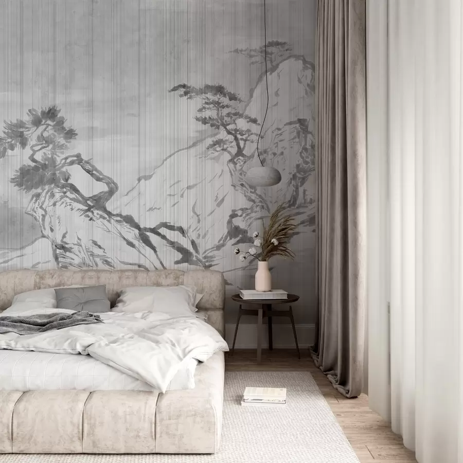 murais de parede Ilustração de paisagem monocromática tradicional chinesa com montanhas, árvores e neblina, fundo cinza w03379v1