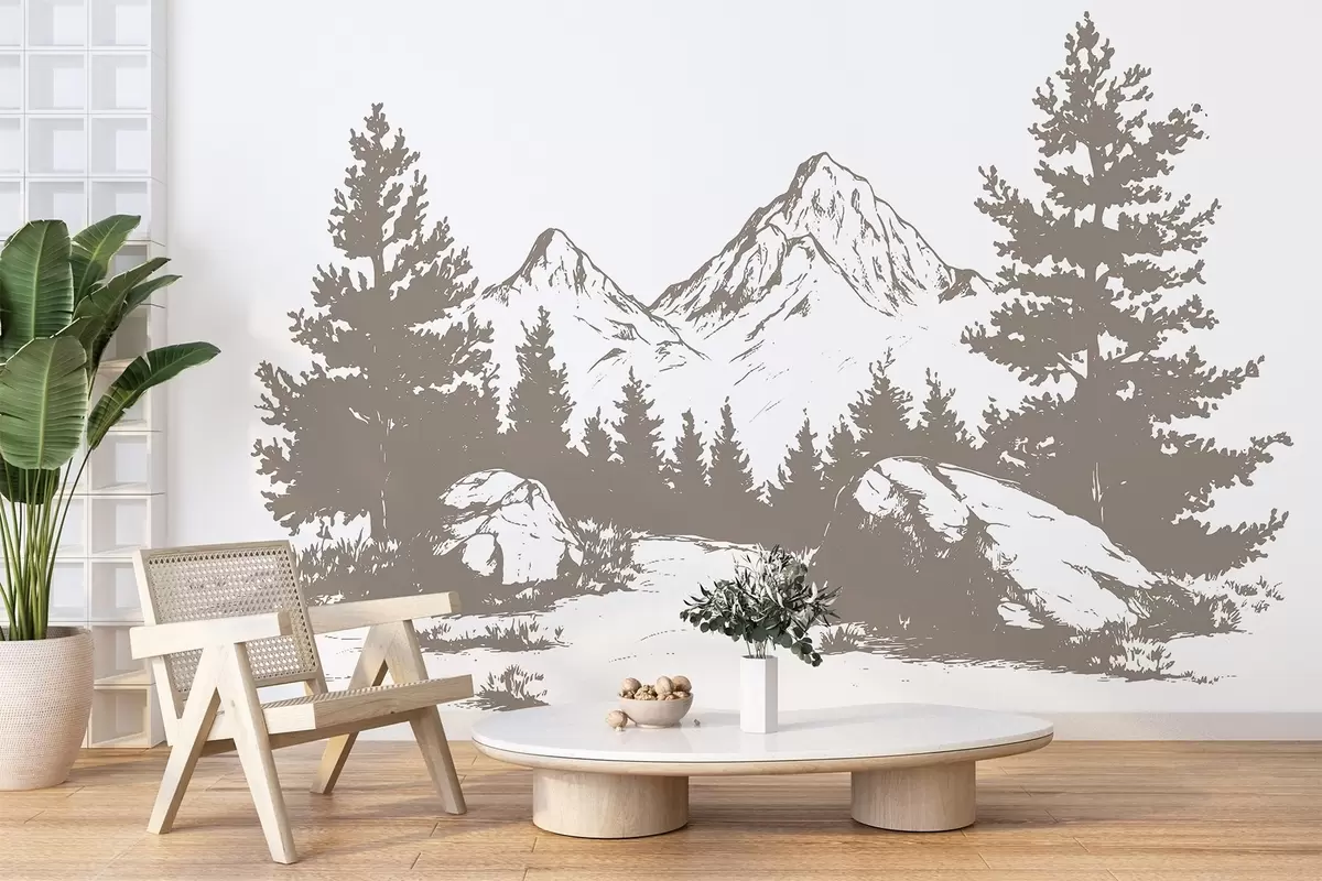 murais de parede Os Alpes, montanhas com floresta, desenho de linha, cor bege w03342