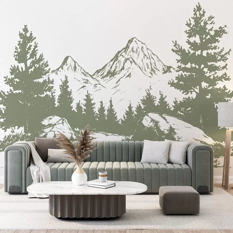 murais de parede Os Alpes, montanhas com floresta, desenho de linha, cor verde w03342v1