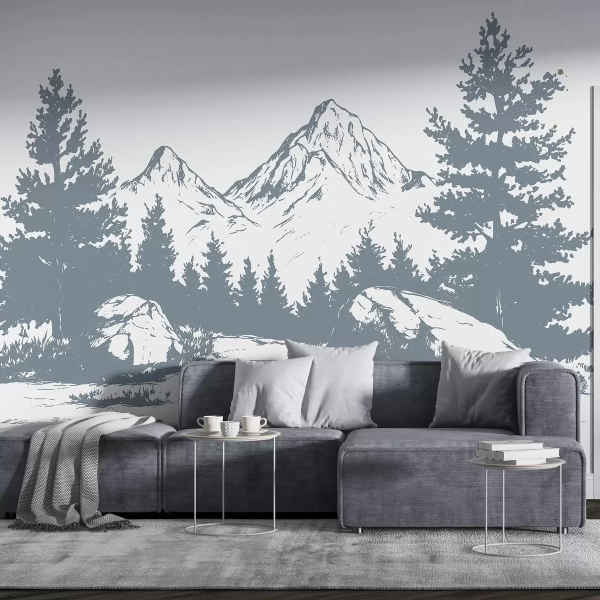 murais de parede Os Alpes, montanhas com floresta, desenho de linha, cor cinza w03342v2