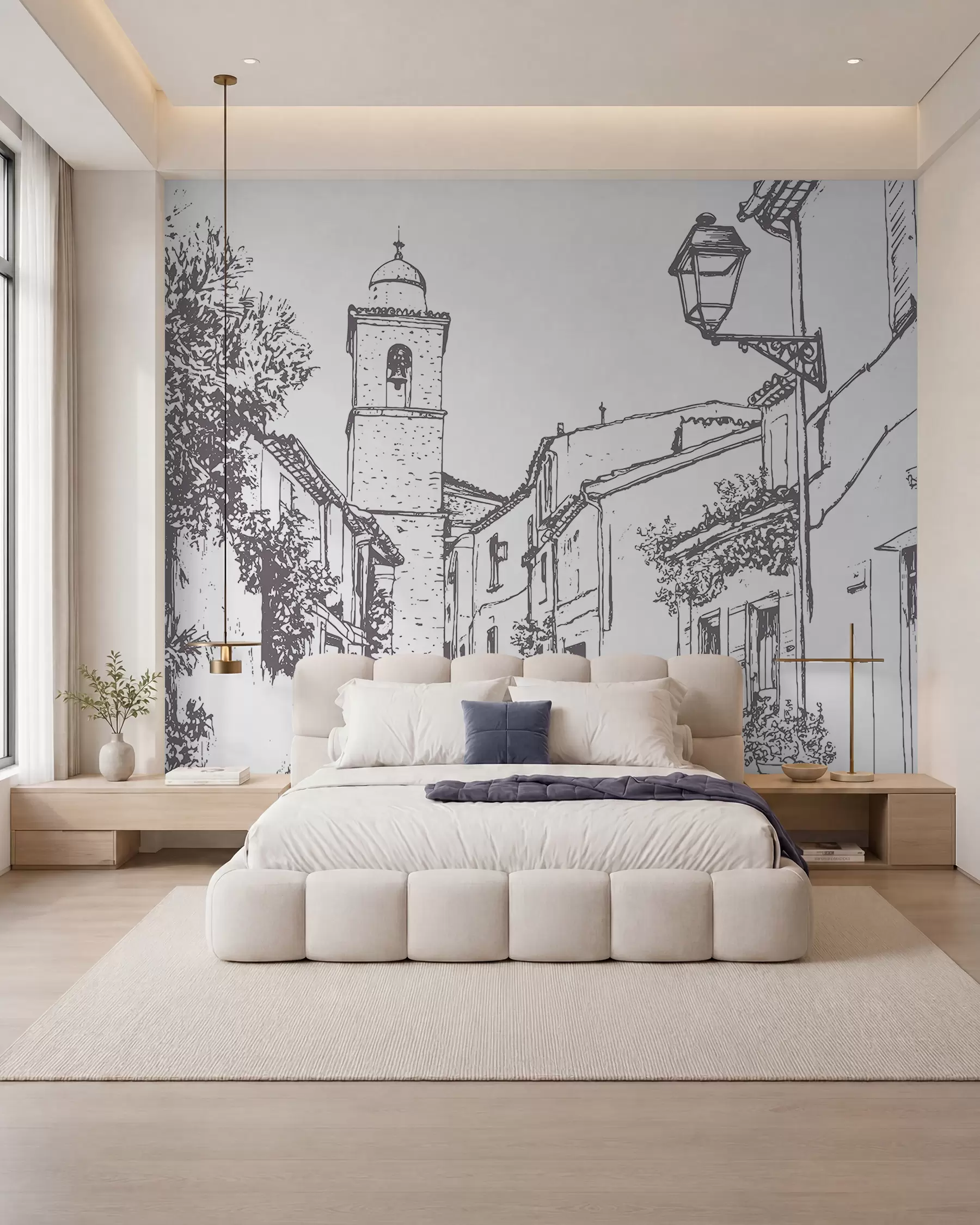 murais de parede Rua da cidade, bela arquitetura, edifícios, Mediterrâneo, desenho de linha, cor bege w03345v1