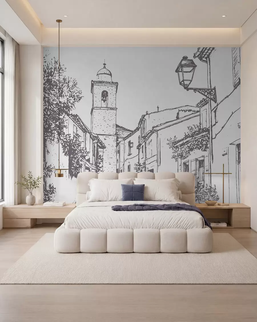 murais de parede Rua da cidade, bela arquitetura, edifícios, Mediterrâneo, desenho de linha, cor bege w03345v1