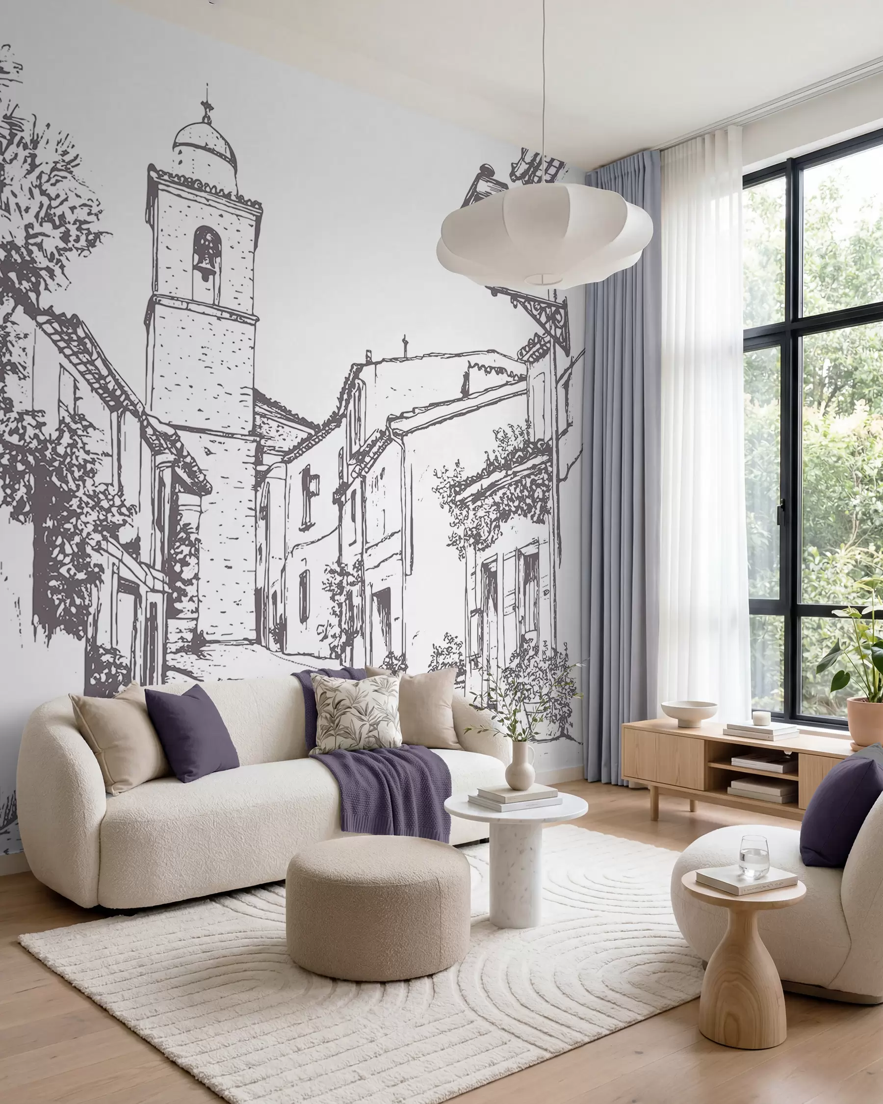 murais de parede Rua da cidade, bela arquitetura, edifícios, Mediterrâneo, desenho de linha, cor bege w03345v1