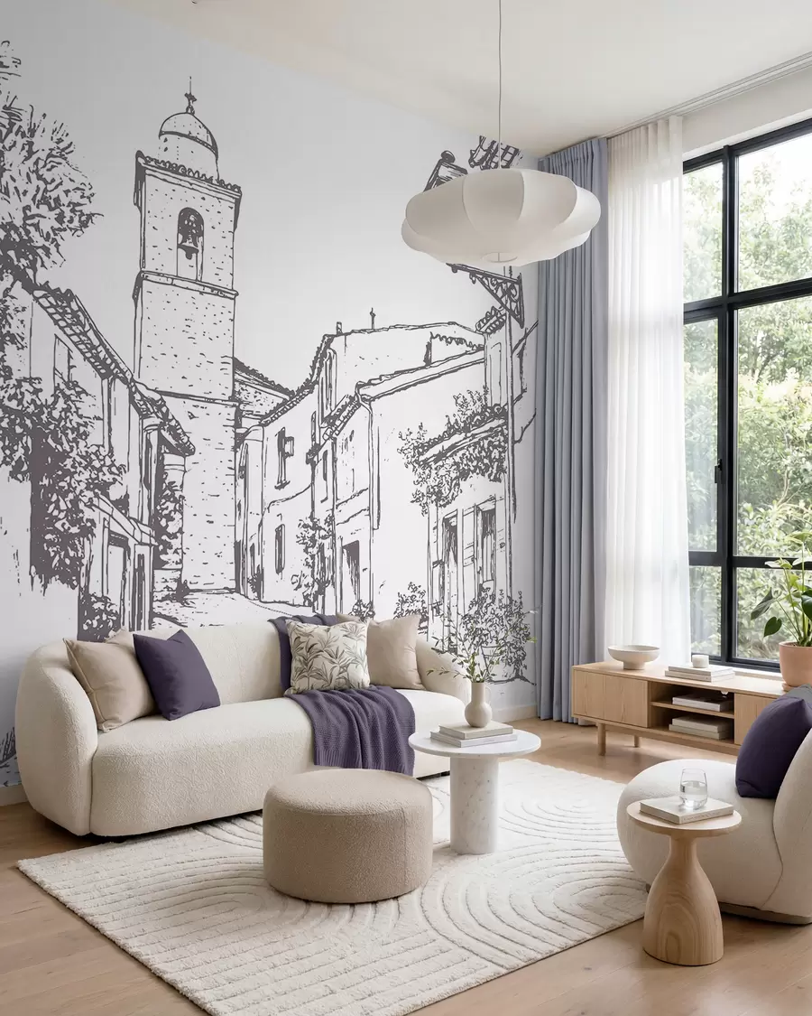 murais de parede Rua da cidade, bela arquitetura, edifícios, Mediterrâneo, desenho de linha, cor bege w03345v1