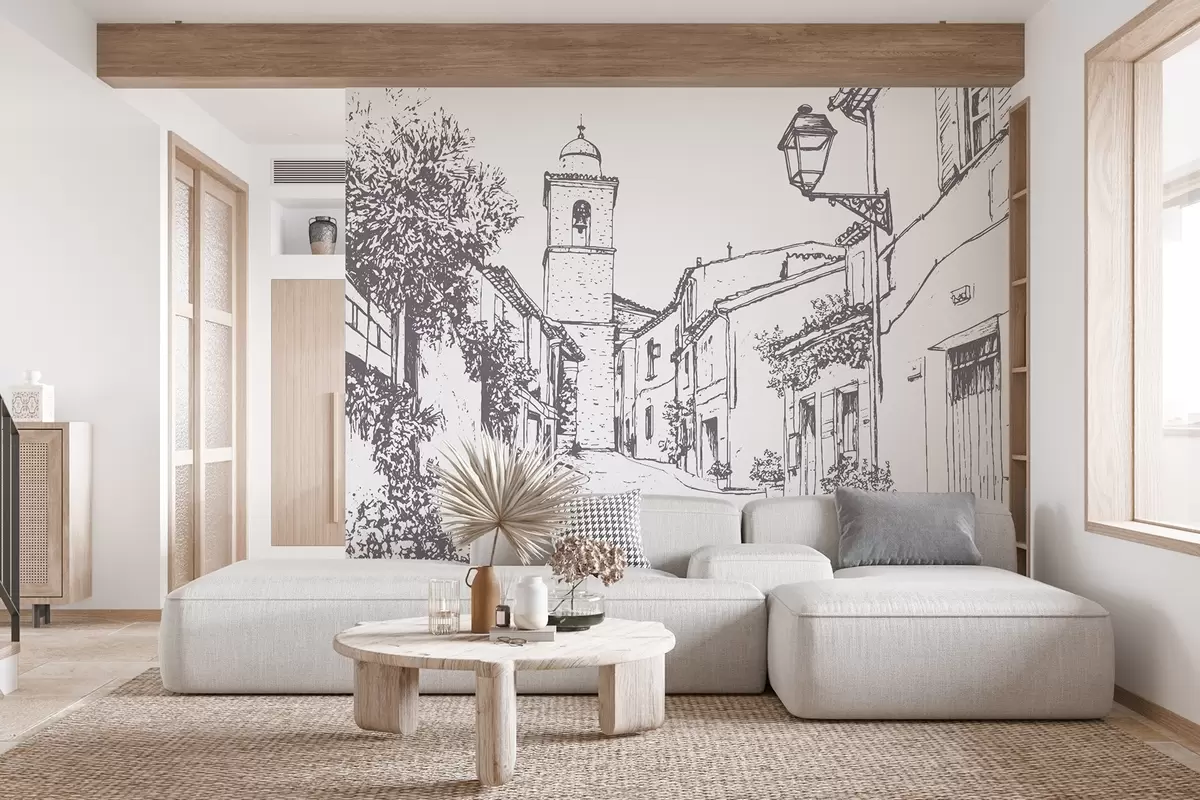 murais de parede Rua da cidade, bela arquitetura, edifícios, Mediterrâneo, desenho de linha, cor bege w03345v1