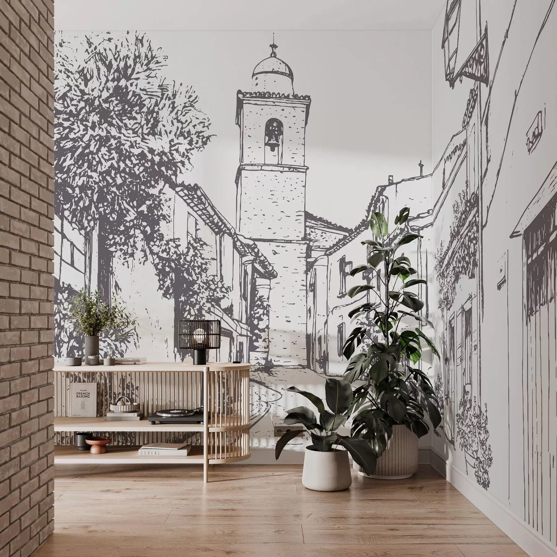 murais de parede Rua da cidade, bela arquitetura, edifícios, Mediterrâneo, desenho de linha, cor bege w03345v1