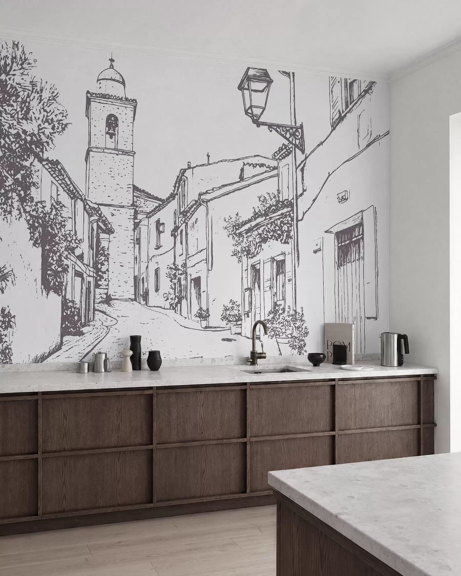 murais de parede Rua da cidade, bela arquitetura, edifícios, Mediterrâneo, desenho de linha, cor bege w03345v1