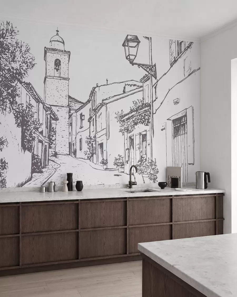 murais de parede Rua da cidade, bela arquitetura, edifícios, Mediterrâneo, desenho de linha, cor bege w03345v1