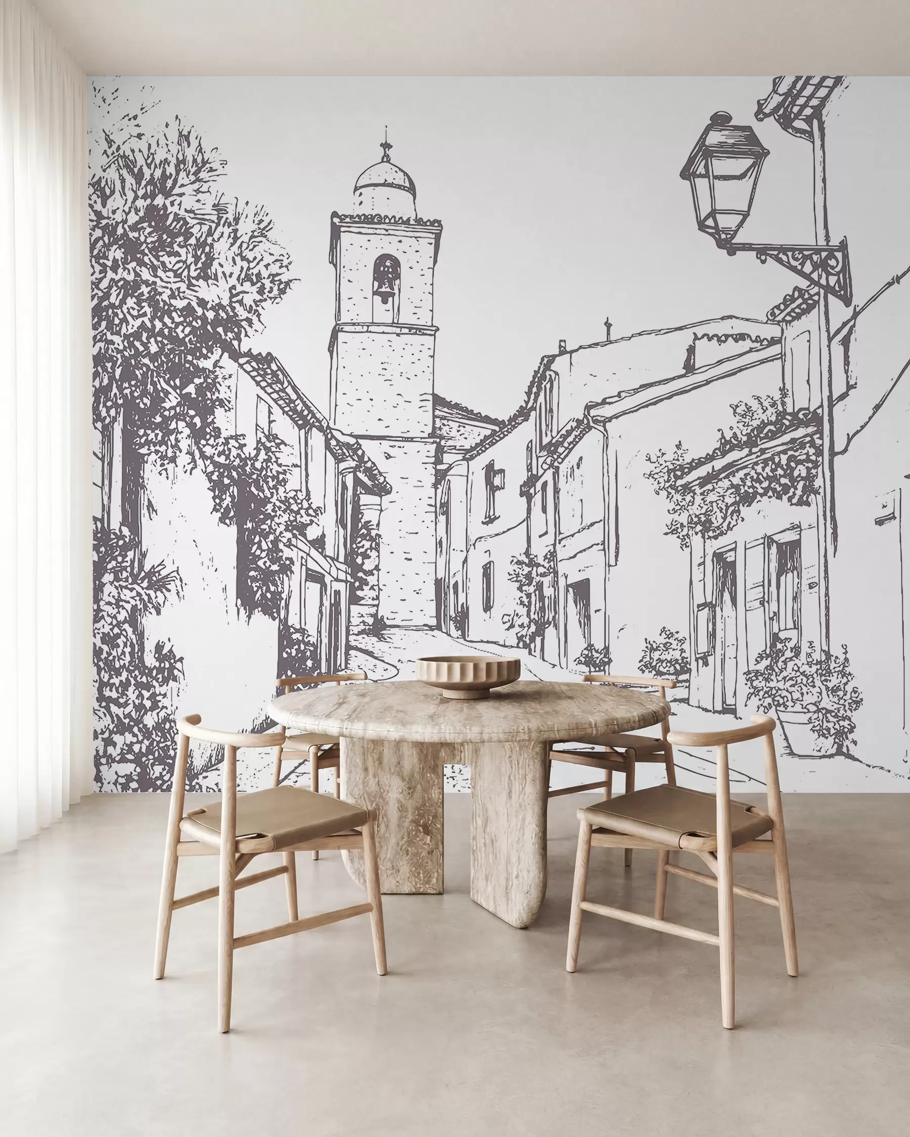 murais de parede Rua da cidade, bela arquitetura, edifícios, Mediterrâneo, desenho de linha, cor bege w03345v1