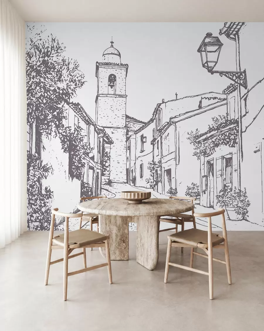 murais de parede Rua da cidade, bela arquitetura, edifícios, Mediterrâneo, desenho de linha, cor bege w03345v1
