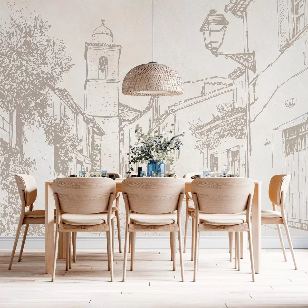 murais de parede Rua da cidade, bela arquitetura, edifícios, Mediterrâneo, cores bege w03346