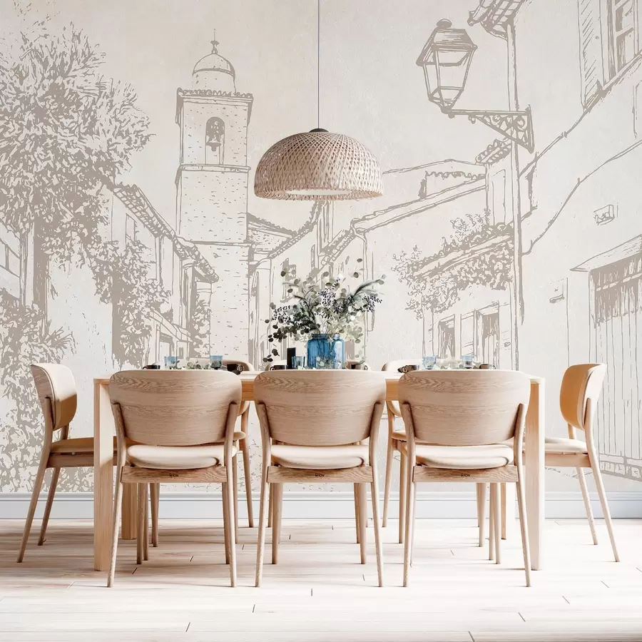 murais de parede Rua da cidade, bela arquitetura, edifícios, Mediterrâneo, cores bege w03346