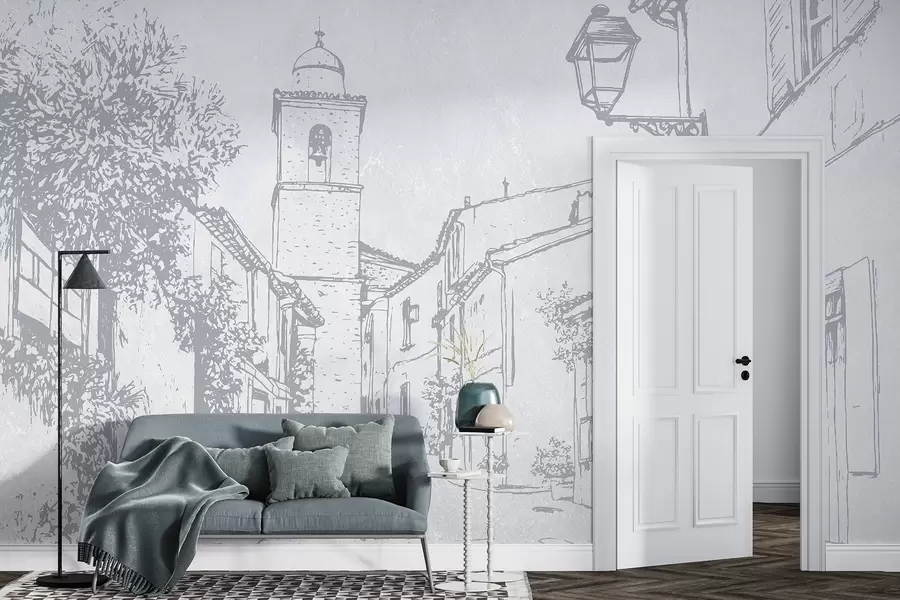 murais de parede Rua da cidade, bela arquitetura, edifícios, Mediterrâneo, cores azuis w03346v1