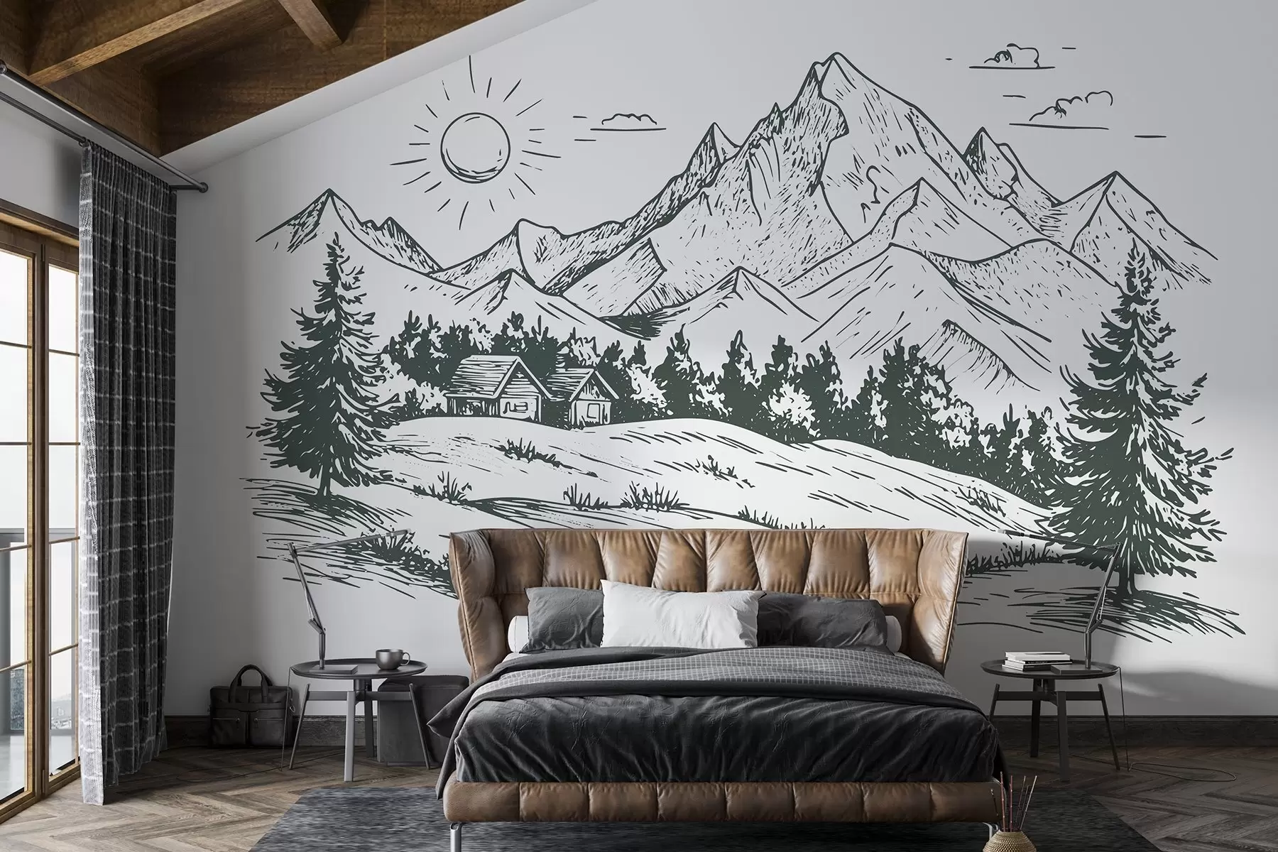 murais de parede Desenho de montanhas, paisagens naturais, floresta, casas de madeira, cor verde w03347