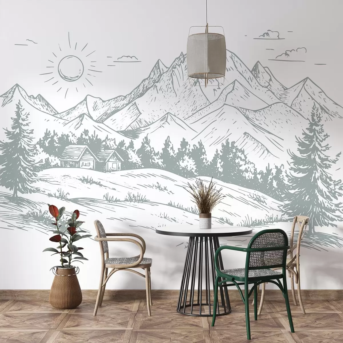 murais de parede Desenho de montanhas, paisagens naturais, floresta, casas de madeira, cor de menta w03347v1