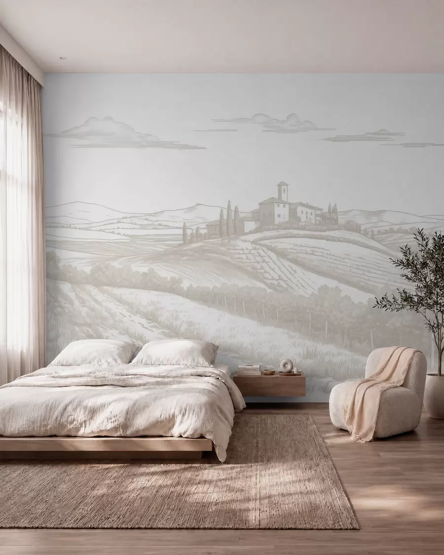 murais de parede Paisagens da Toscana, Itália, vinhedos, natureza, castelo antigo, cores bege w03349