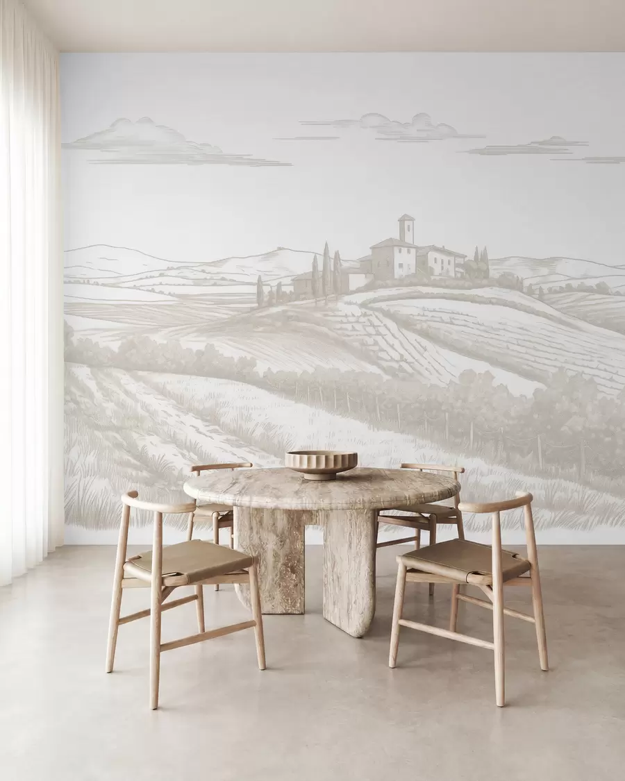 murais de parede Paisagens da Toscana, Itália, vinhedos, natureza, castelo antigo, cores bege w03349