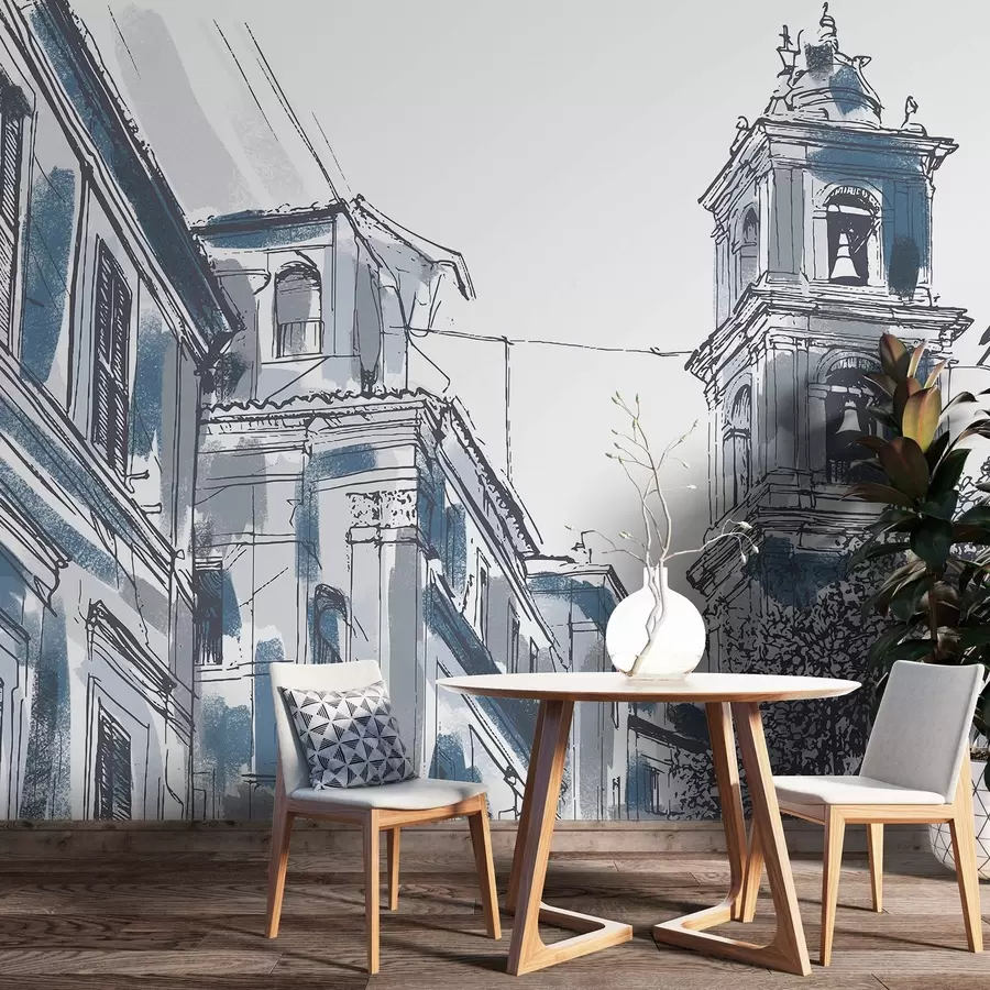 murais de parede Rua da cidade mediterrânea, capela, arquitetura, cores cinza e azul w03350