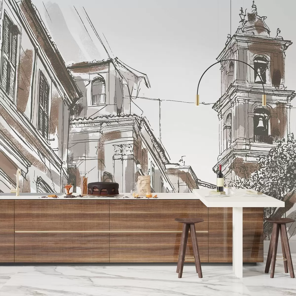 murais de parede Rua de cidade mediterrânea, capela, arquitetura, cores bege e marrom w03350v1