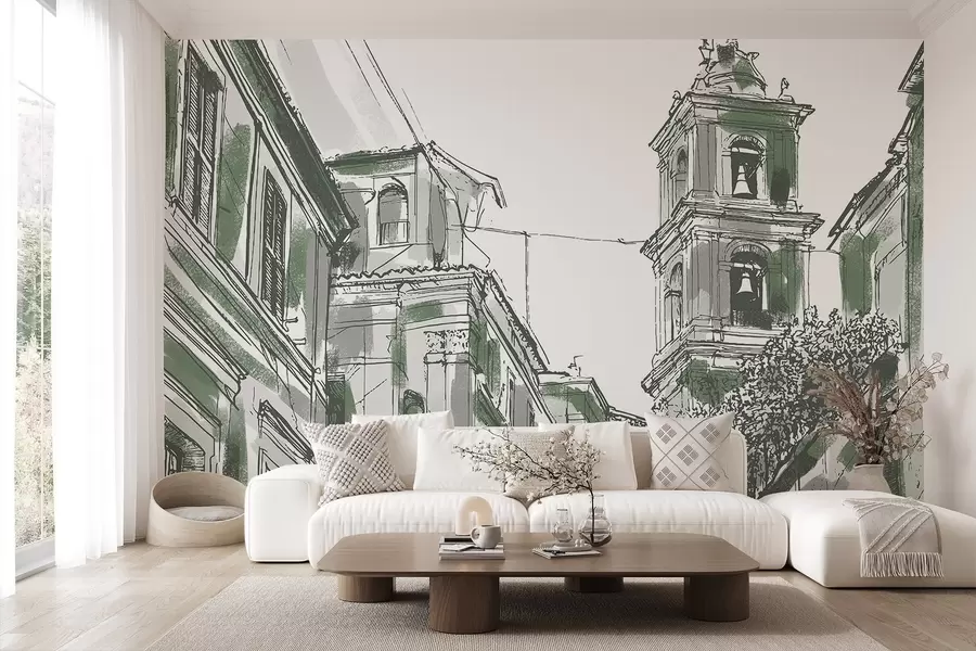 murais de parede Rua da cidade mediterrânea, capela, arquitetura, cores cinza e verde w03350v2