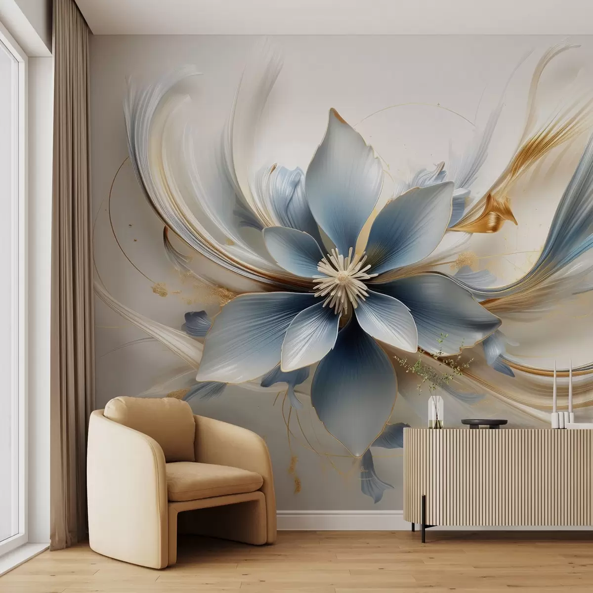 murais de parede Grande flor azul com linhas abstratas w08903