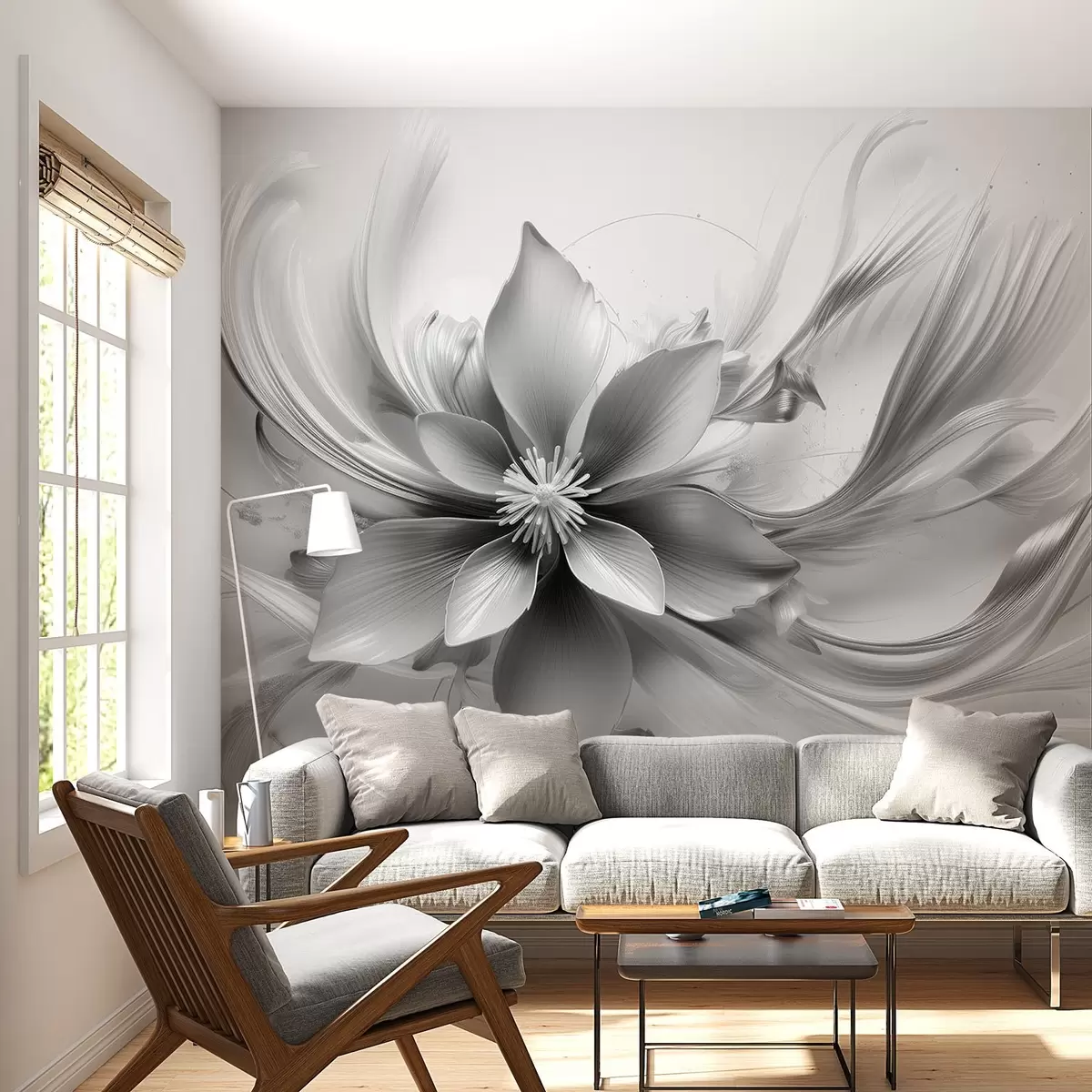 murais de parede Grande flor abstrata em estilo preto e branco w08903v2