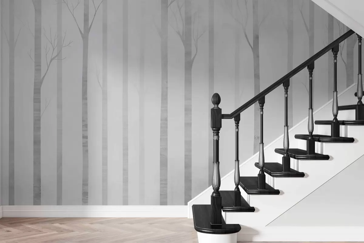 murais de parede Troncos de árvores na neblina em escala de cinza w03386