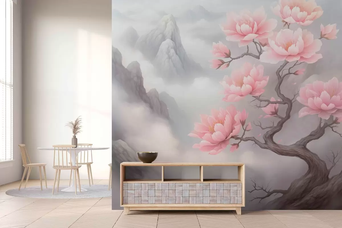 murais de parede Árvore seca com flores grandes na encosta da montanha w03388