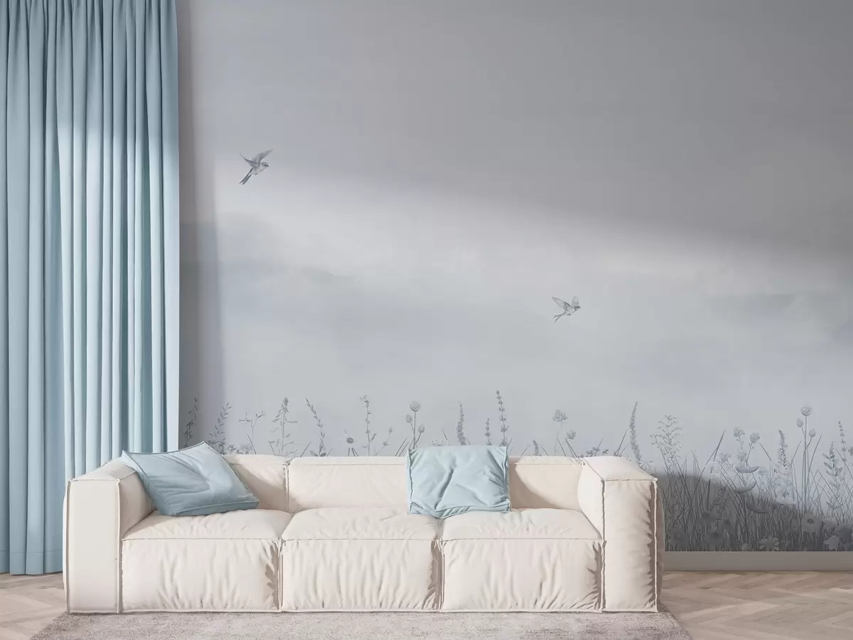 murais de parede Flores silvestres e céu enevoado em tons azuis w03391v1