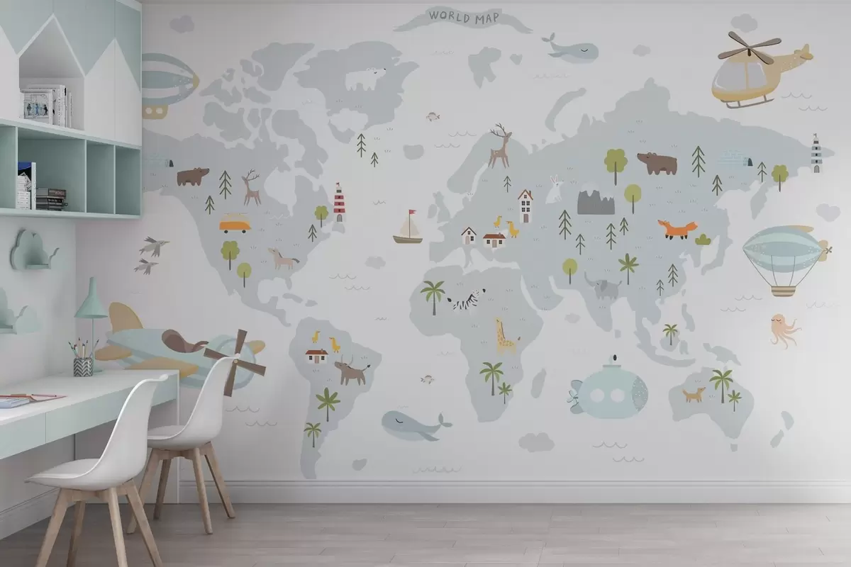murais de parede Mapa-múndi infantil com animais e aviões w03392