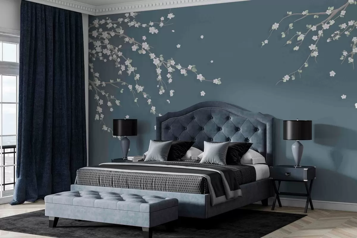 murais de parede Galho florido no fundo de uma parede em estilo grunge azul w03393v1