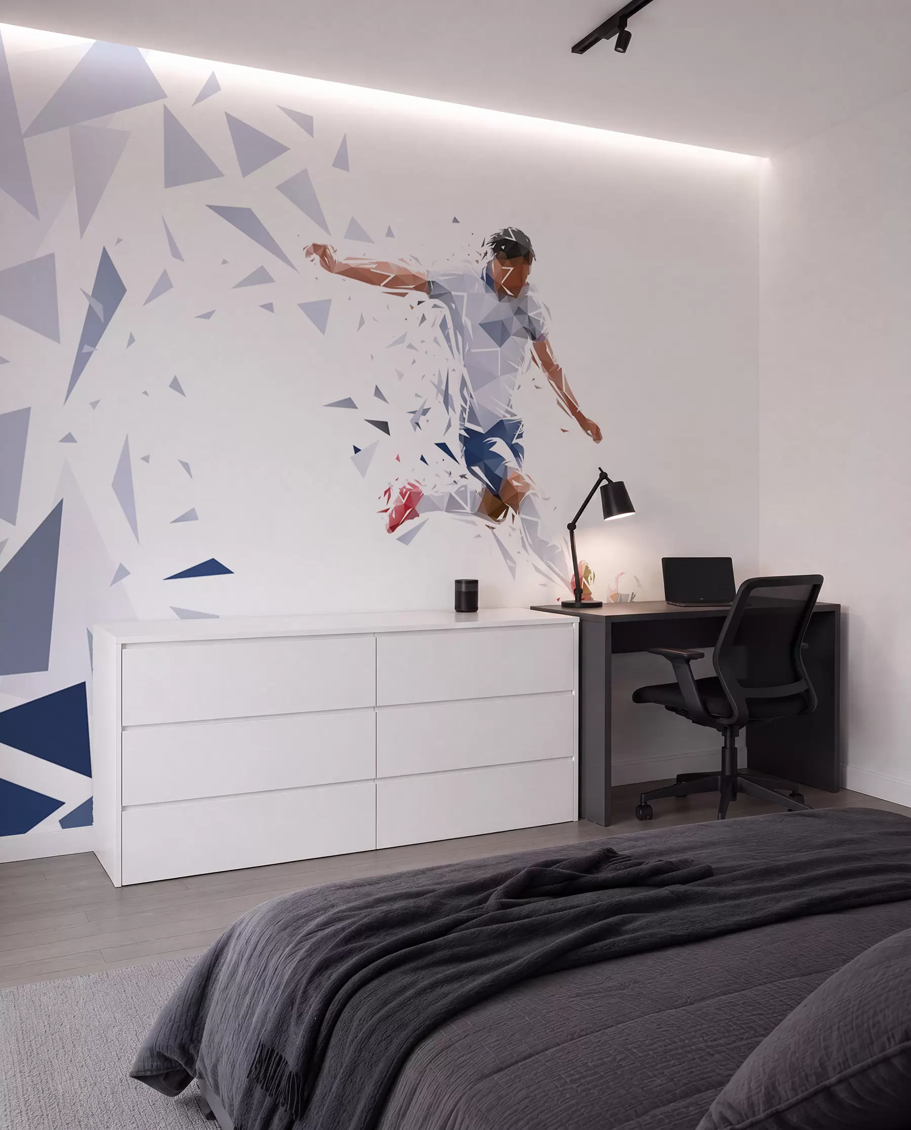 murais de parede Jogador de futebol dinâmico em um estilo low-poly, batendo na bola w03289