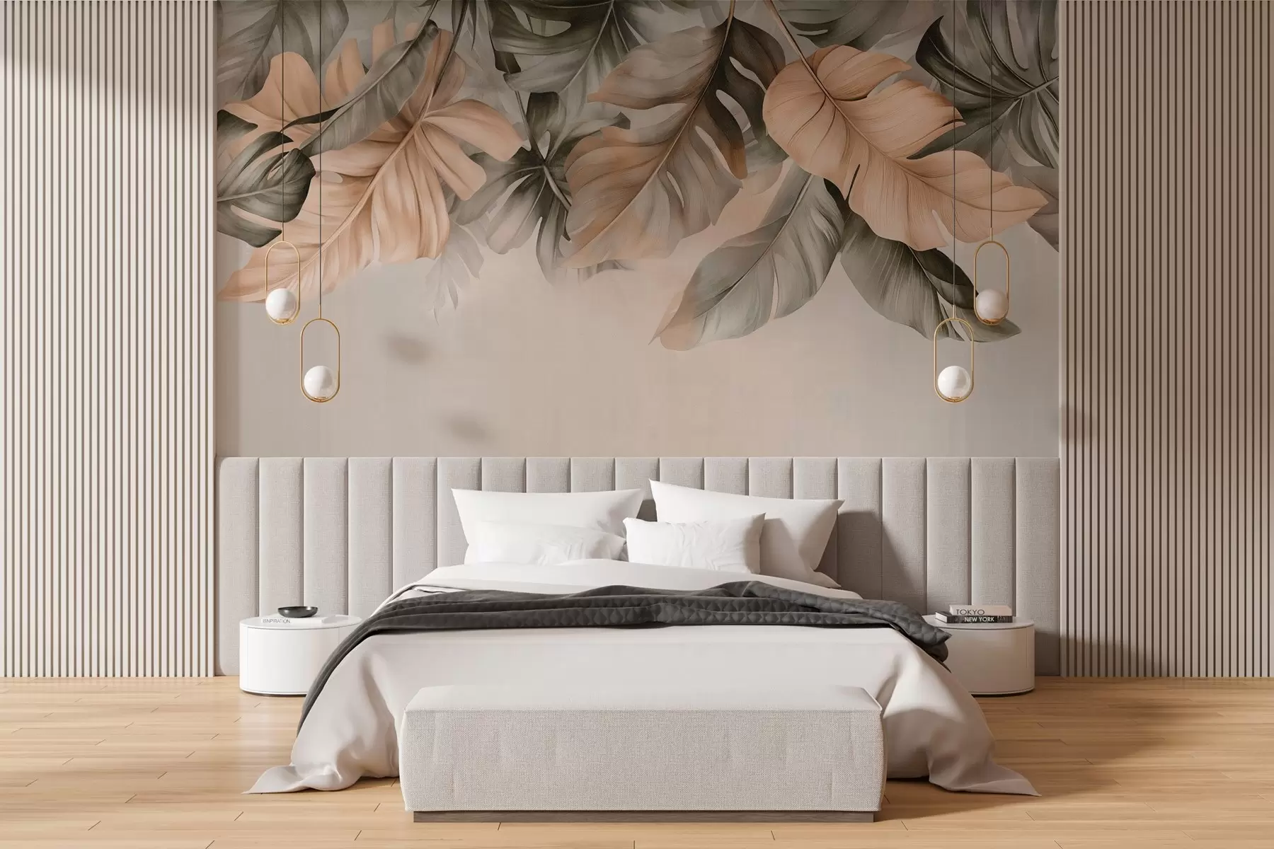 murais de parede Folhas tropicais penduradas na parte superior, em um fundo texturizado w03290