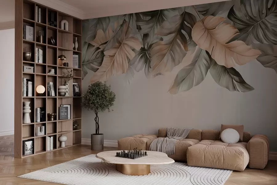 murais de parede Folhas tropicais penduradas na parte superior, em um fundo texturizado w03290