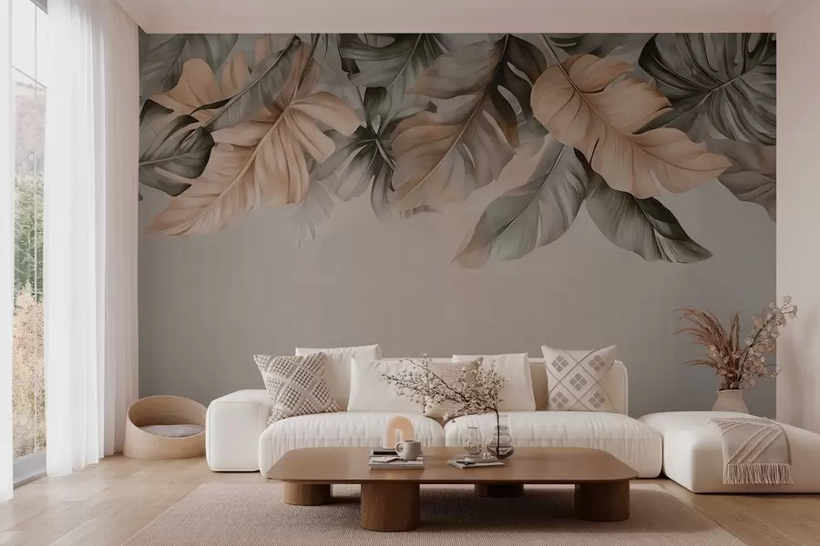 murais de parede Folhas tropicais penduradas na parte superior, em um fundo texturizado w03290