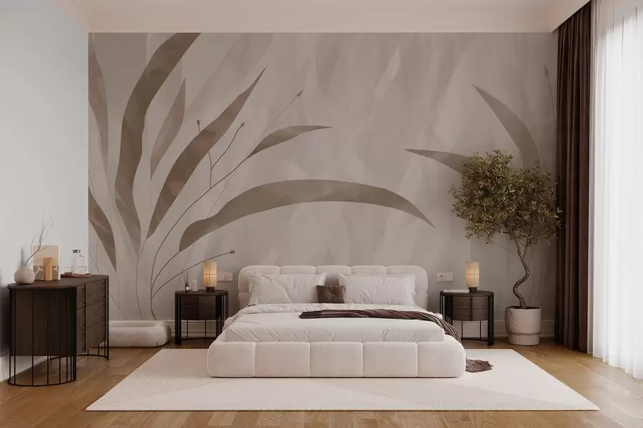murais de parede Estilo ecológico, plantas em um fundo heterogêneo texturizado em tons de bege w03394