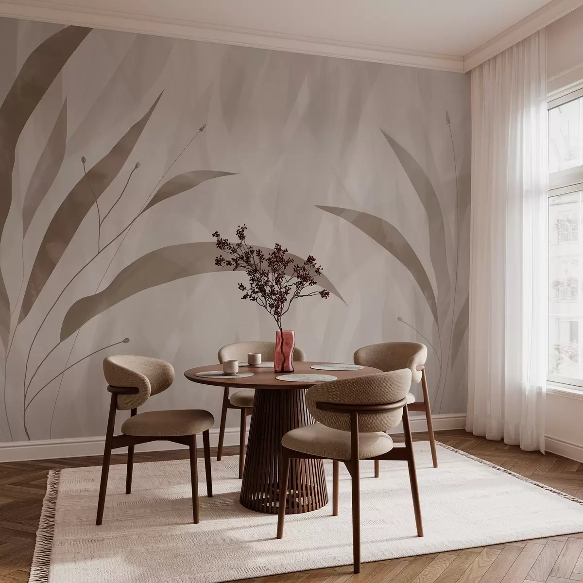 murais de parede Estilo ecológico, plantas em um fundo heterogêneo texturizado em tons de bege w03394