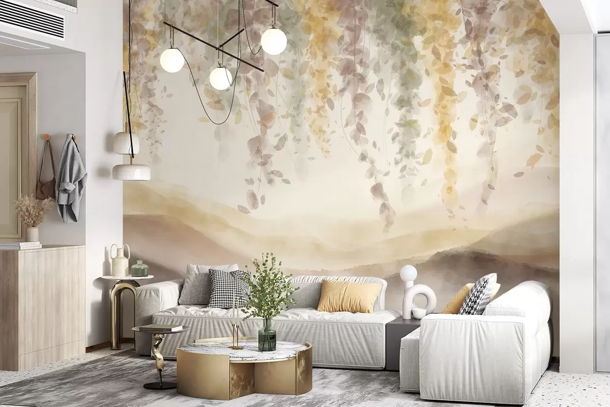 murais de parede Folhas de glicínias penduradas sobre montanhas azuladas, cores suaves de amarelo pastel e marrom, paisagem em estilo aquarela w08909v1