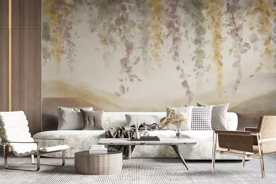 murais de parede Folhas de glicínias penduradas sobre montanhas azuladas, cores suaves de amarelo pastel e marrom, paisagem em estilo aquarela w08909v1