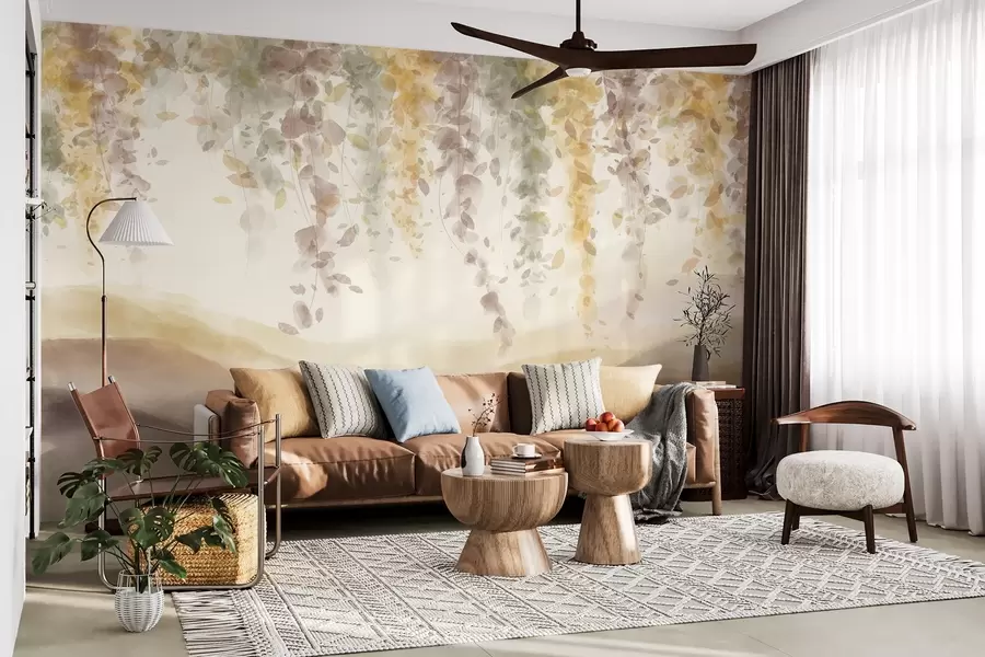 murais de parede Folhas de glicínias penduradas sobre montanhas azuladas, cores suaves de amarelo pastel e marrom, paisagem em estilo aquarela w08909v1