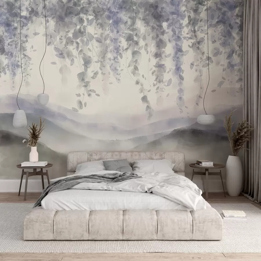 murais de parede Folhas de glicínias penduradas sobre montanhas azuladas, cores suaves de azul pastel e cinza, paisagem em estilo aquarela w08909