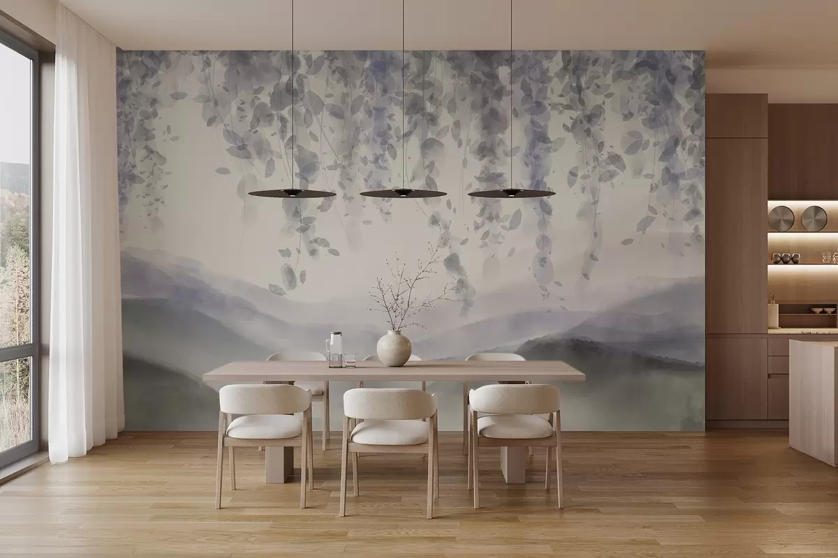 murais de parede Folhas de glicínias penduradas sobre montanhas azuladas, cores suaves de azul pastel e cinza, paisagem em estilo aquarela w08909