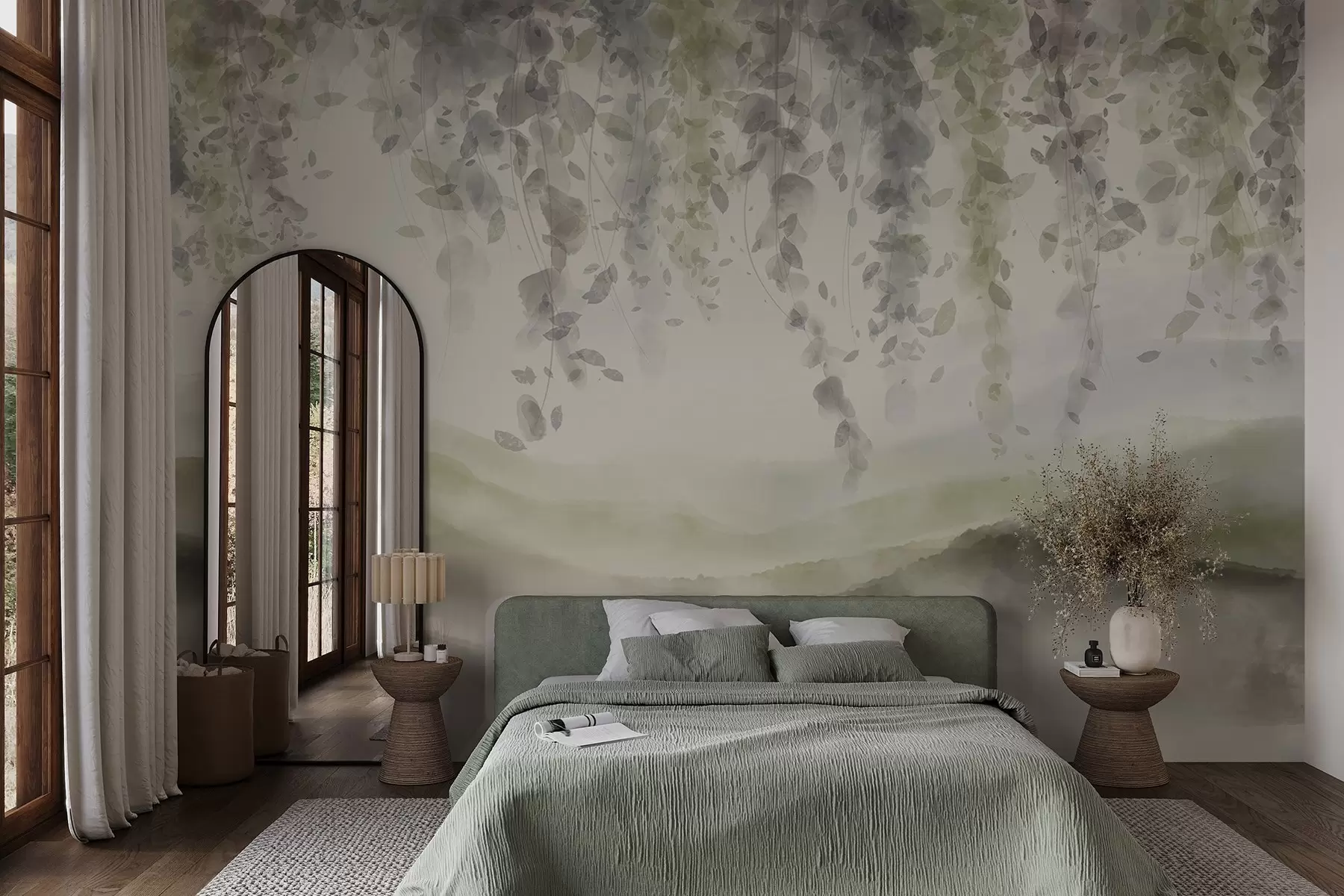 murais de parede Folhas de glicínias penduradas sobre montanhas azuladas, cores suaves de verde pastel e bege, paisagem em estilo aquarela w08909v2