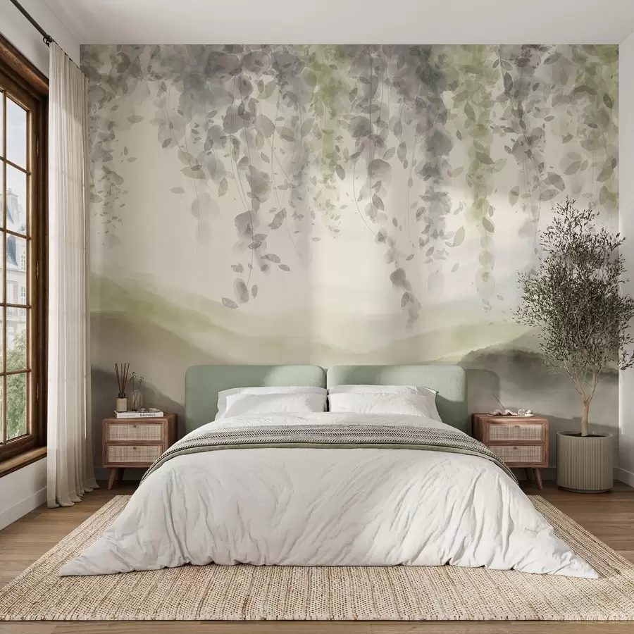 murais de parede Folhas de glicínias penduradas sobre montanhas azuladas, cores suaves de verde pastel e bege, paisagem em estilo aquarela w08909v2