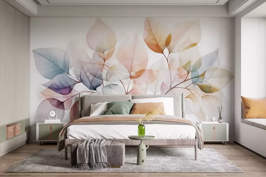 murais de parede Pintura em aquarela de folhas translúcidas em cores pastéis, com tons de rosa, branco, roxo e azul w08910