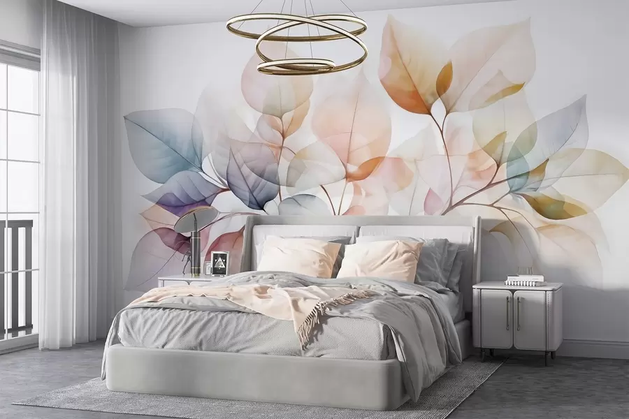 murais de parede Pintura em aquarela de folhas translúcidas em cores pastéis, com tons de rosa, branco, roxo e azul w08910