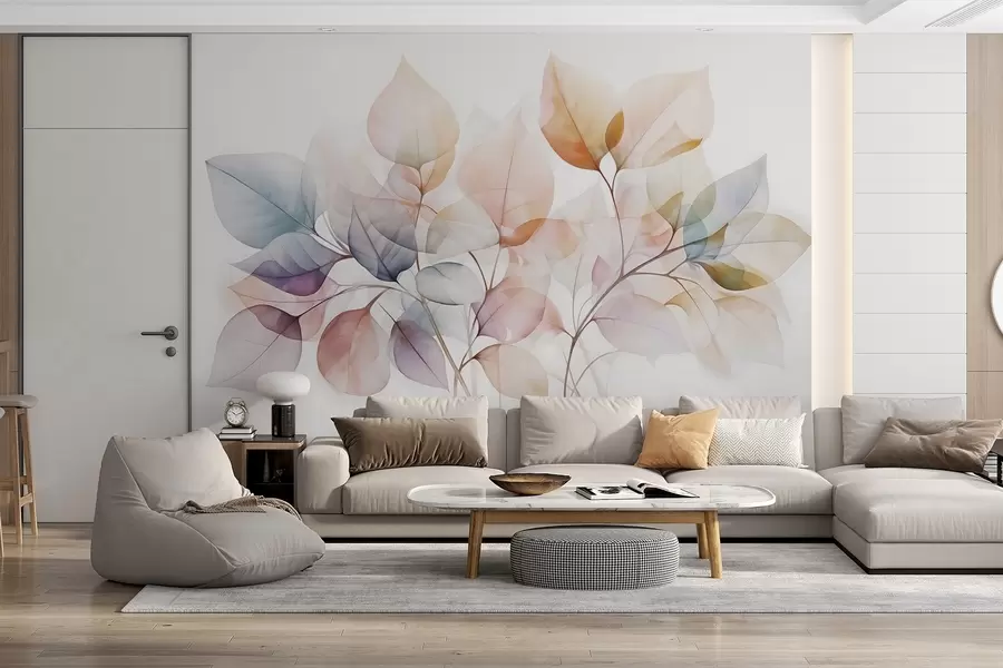 murais de parede Pintura em aquarela de folhas translúcidas em cores pastéis, com tons de rosa, branco, roxo e azul w08910